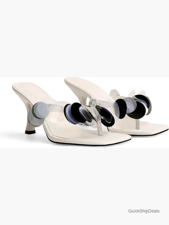 Shoes - Square Open Strappy Kitten Heeled Sandals with Plastic Disc Straps